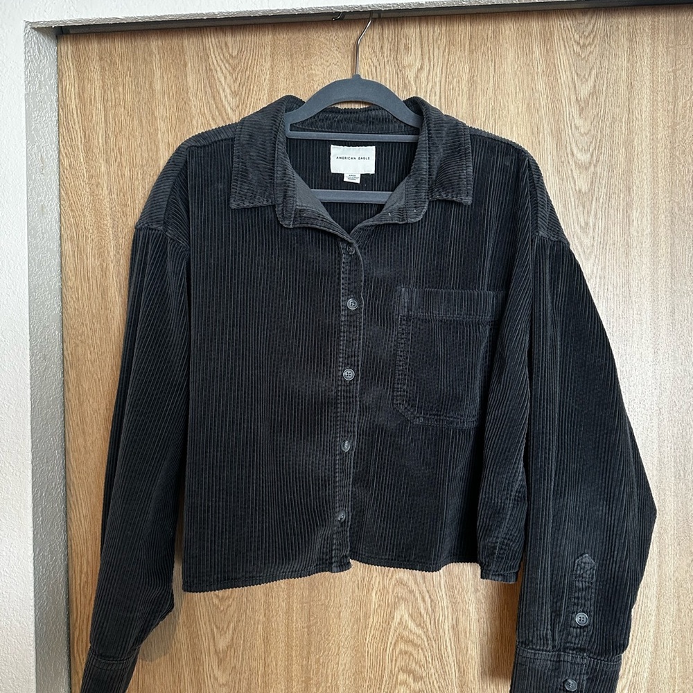 Grey Corduroy Cropped Button-Up Shirt
